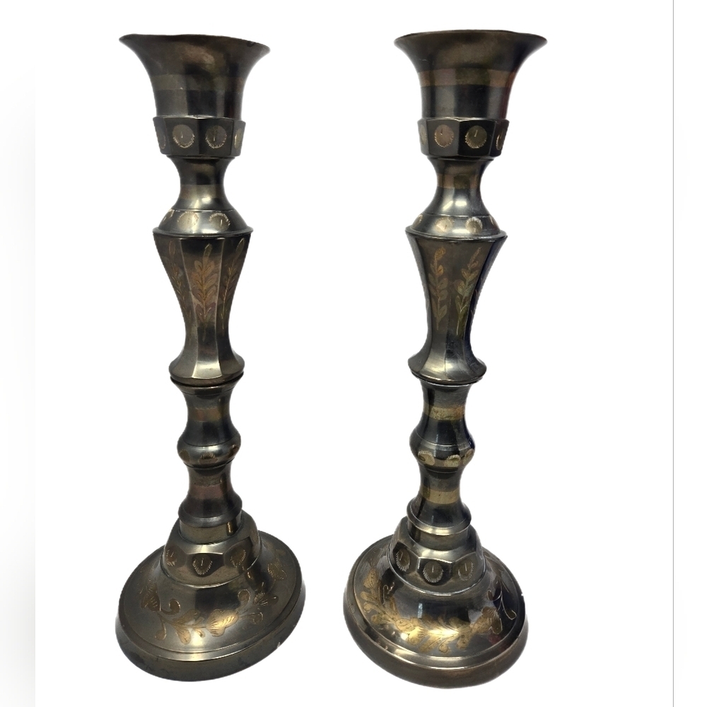 Pair of Vintage Solid Brass Etched Large Candle Holders Wide Bass Oxidation Tone